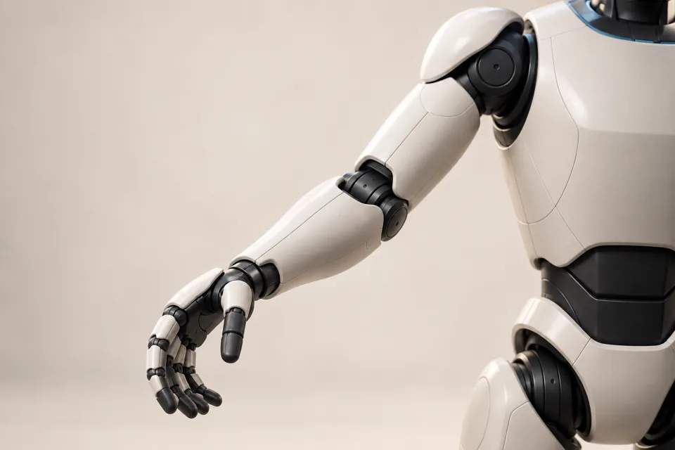 Close engineering visualization of Alp's articulated arm and relaxed five-finger hand