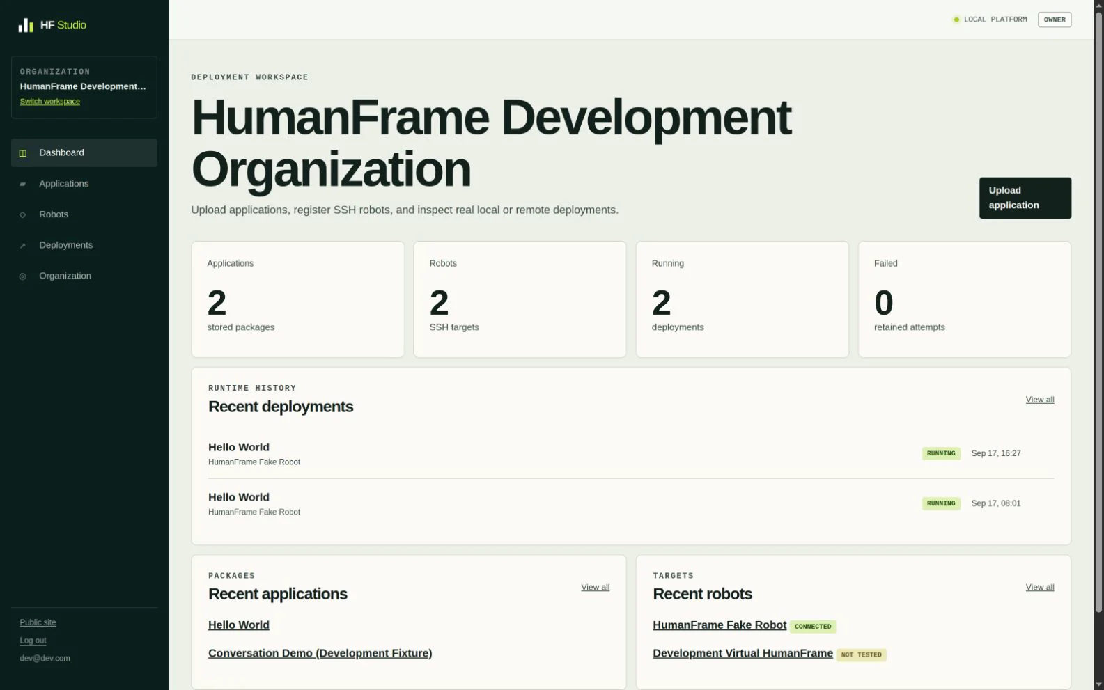 The working HumanFrame Platform dashboard showing applications, robot targets and recent deployments